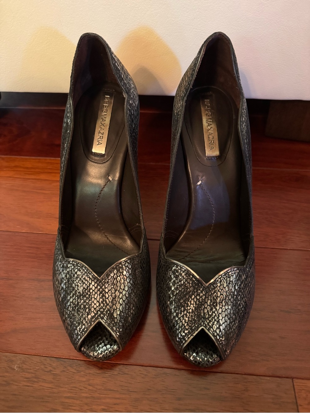 BCBGMaxAzria Black Metallic Snakeskin Peep-Toe Pumps